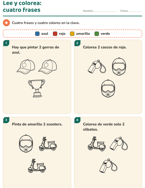 Vista previa de la hoja de Leer y colorear con Deportes BN para grado 1