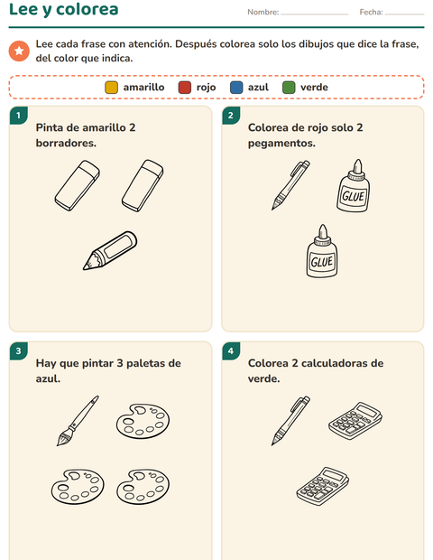 Vista previa de la hoja de Leer y colorear con Educación BN para grado 1