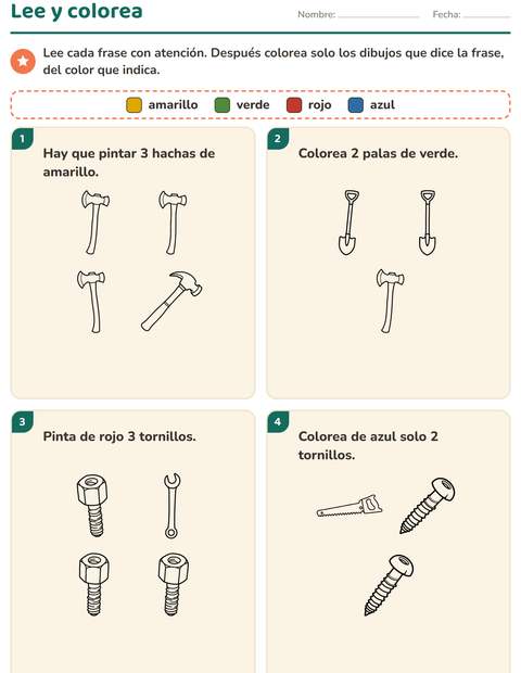 Vista previa de la hoja de Leer y colorear con Herramientas BN para grado 1