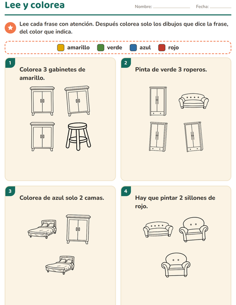 Vista previa de la hoja de Leer y colorear con Muebles BN para grado 1