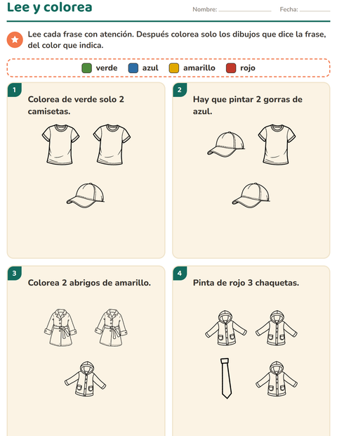 Vista previa de la hoja de Leer y colorear con Ropa BN para grado 1