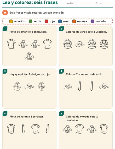 Vista previa de la hoja de Leer y colorear con Ropa BN para grado 1