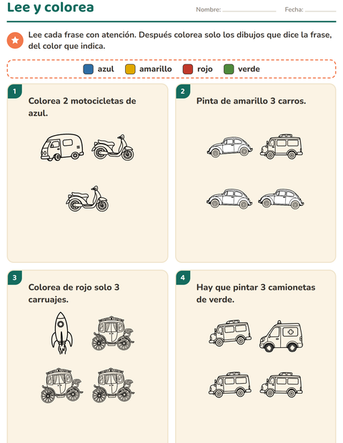 Vista previa de la hoja de Leer y colorear con Vehículos BN 3 para grado 1