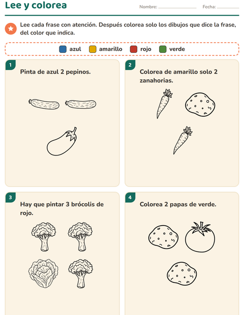 Vista previa de la hoja de Leer y colorear con Verduras BN para grado 1
