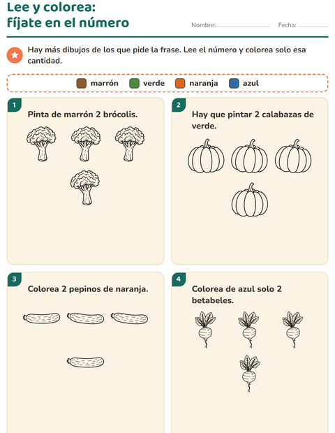 Vista previa de la hoja de Leer y colorear con Verduras BN para grado 1