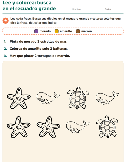 Vista previa de la hoja de Leer y colorear con Vida marina BN para grado 1
