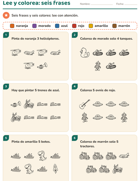 Vista previa de Lee y colorea: seis frases con juguetes y cantidades hasta 5 — primer grado