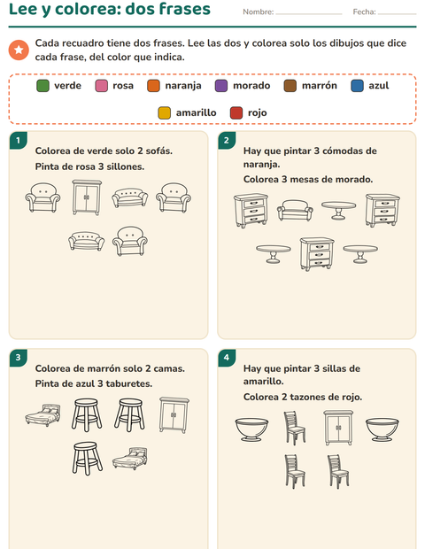 Vista previa de la hoja de Leer y colorear con Muebles BN para grado 1