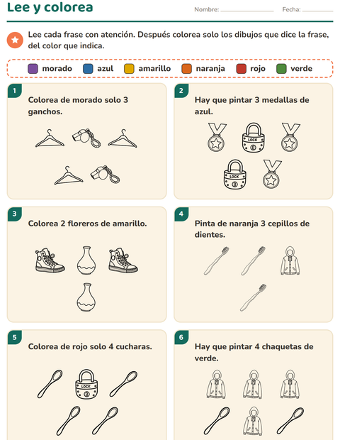 Vista previa de la hoja de Leer y colorear con Objetos BN para grado 1