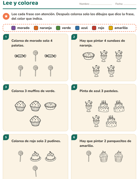 Vista previa de la hoja de Leer y colorear con Postre (B/N) para grado 1