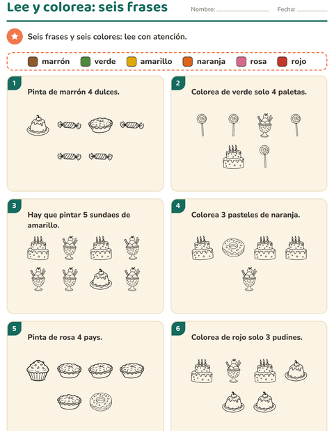 Vista previa de la hoja de Leer y colorear con Postre (B/N) para grado 1