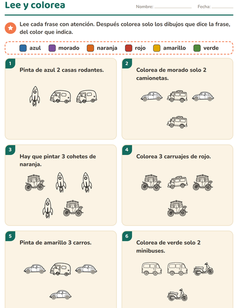 Vista previa de la hoja de Leer y colorear con Vehículos BN 3 para grado 1