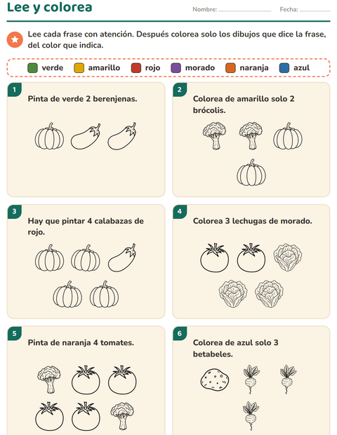 Vista previa de la hoja de Leer y colorear con Verduras BN para grado 1