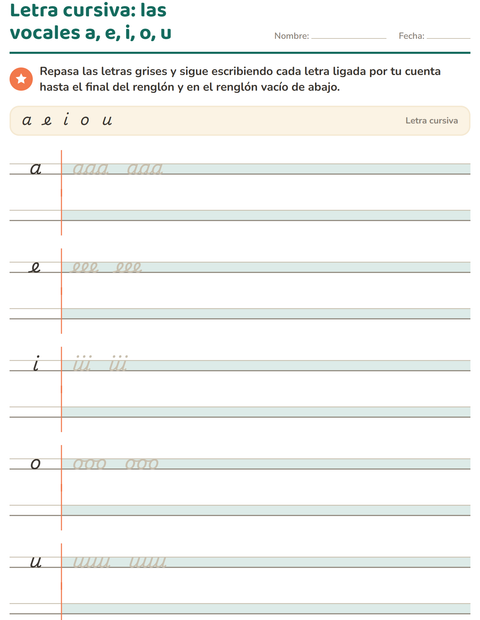 Letra cursiva: planas de las vocales a, e, i, o, u