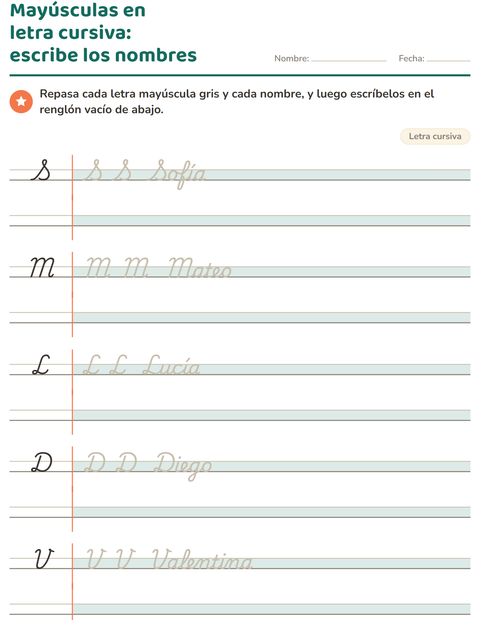 Vista previa de Mayúsculas en letra cursiva: S, M, L, D y V con nombres