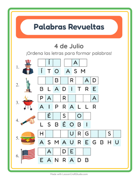 Vista previa de la hoja de Letras Revueltas con 4 de Julio para grado 1