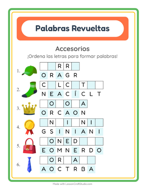 Vista previa de la hoja de Letras Revueltas con Accesorios para grado 1