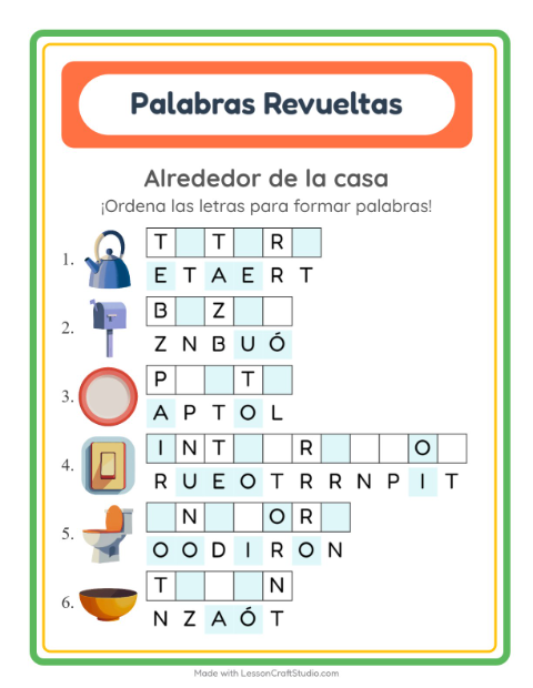 Vista previa de la hoja de Letras Revueltas con Alrededor de la casa para grado 1