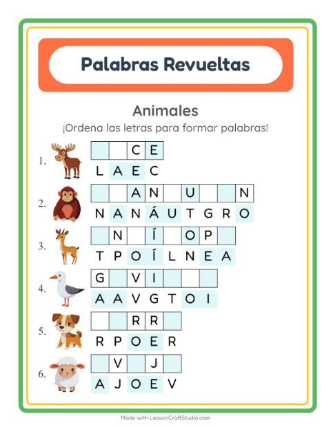 Vista previa de la hoja de Letras Revueltas con Animales para grado 1
