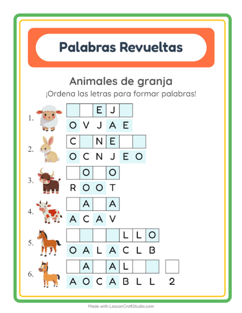Vista previa de la hoja de Letras Revueltas con Animales de granja para grado 1