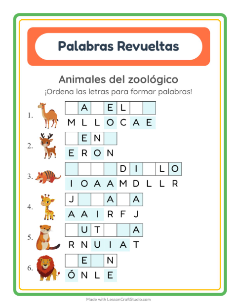 Vista previa de la hoja de Letras Revueltas con Animales del zoológico para grado 1