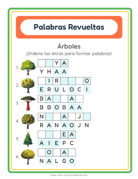 Vista previa de la hoja de Letras Revueltas con Árboles para grado 1