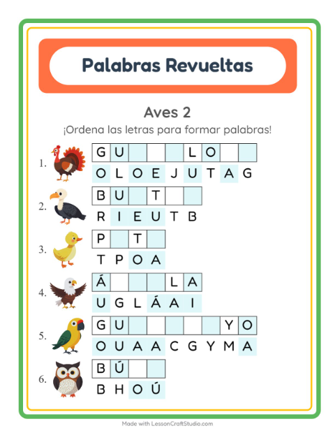 Vista previa de la hoja de Letras Revueltas con Aves 2 para grado 1