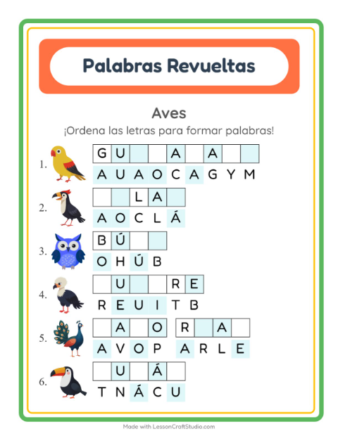 Vista previa de la hoja de Letras Revueltas con Aves para grado 1