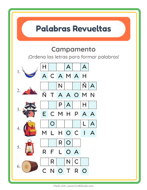 Vista previa de la hoja de Letras Revueltas con Campamento para grado 1
