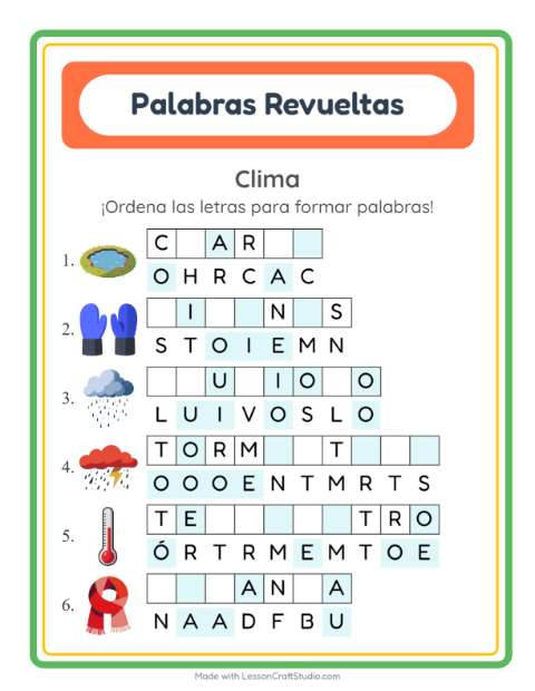 Vista previa de la hoja de Letras Revueltas con Clima para grado 1
