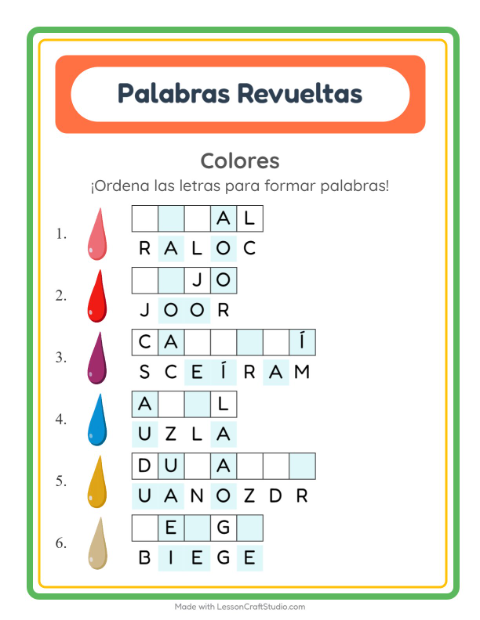 Vista previa de la hoja de Letras Revueltas con Colores para grado 1