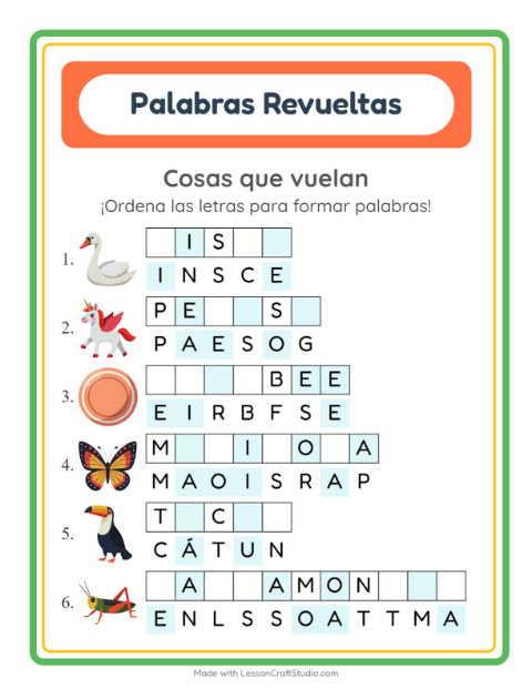 Vista previa de la hoja de Letras Revueltas con Cosas que vuelan para grado 1