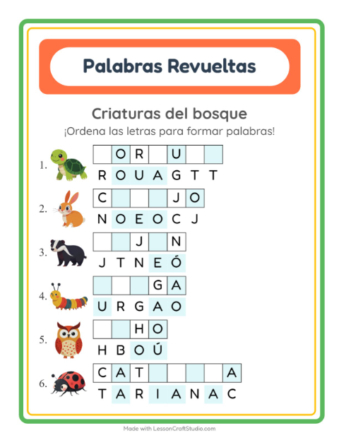 Vista previa de la hoja de Letras Revueltas con Criaturas del bosque para grado 1