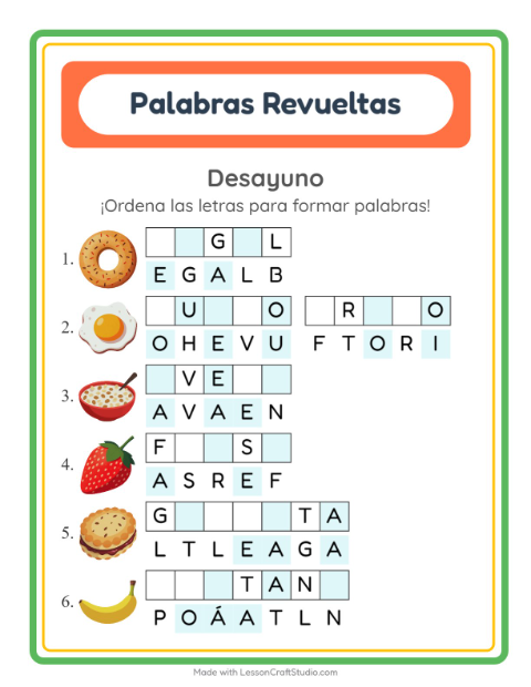 Vista previa de la hoja de Letras Revueltas con Desayuno para grado 1