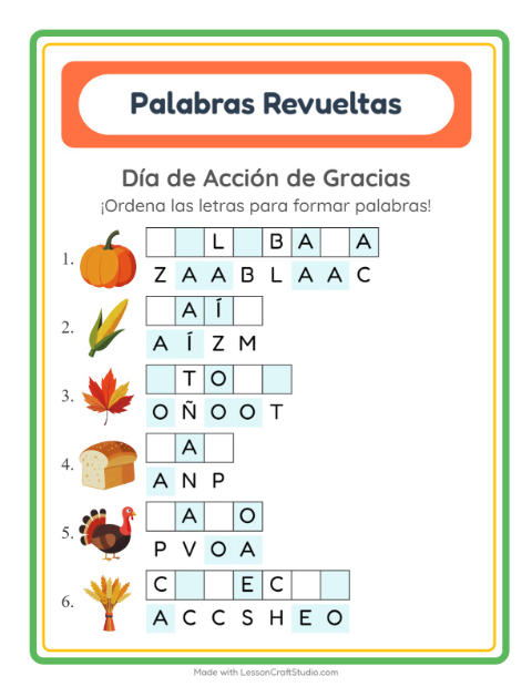 Vista previa de la hoja de Letras Revueltas con Día de Acción de Gracias para grado 1