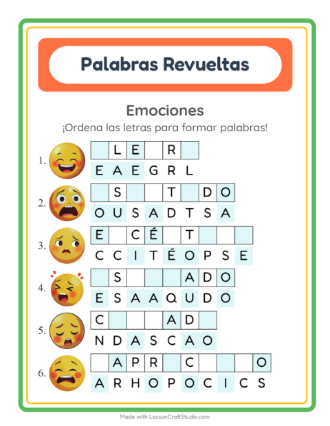 Vista previa de la hoja de Letras Revueltas con Emociones para grado 1