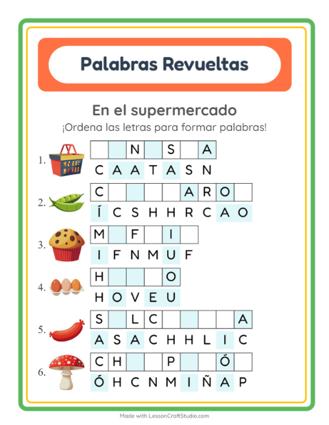 Vista previa de la hoja de Letras Revueltas con En el supermercado para grado 1