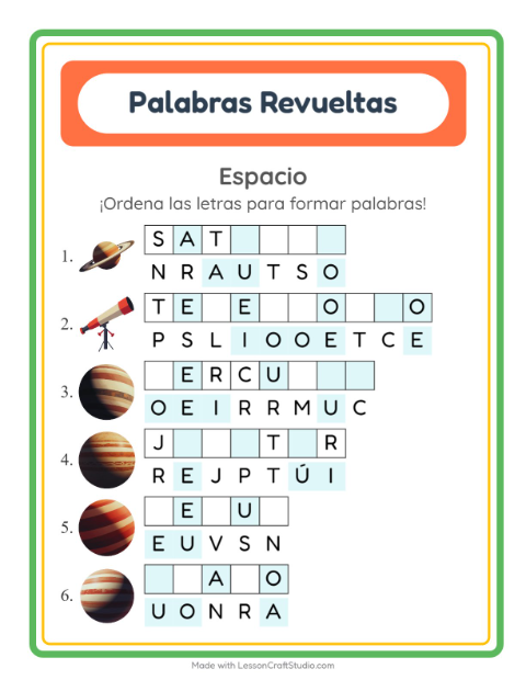 Vista previa de la hoja de Letras Revueltas con Espacio para grado 1