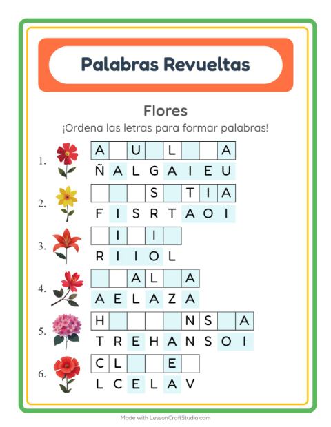 Vista previa de la hoja de Letras Revueltas con Flores para grado 1