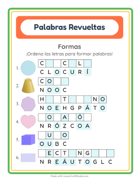 Vista previa de la hoja de Letras Revueltas con Formas para grado 1