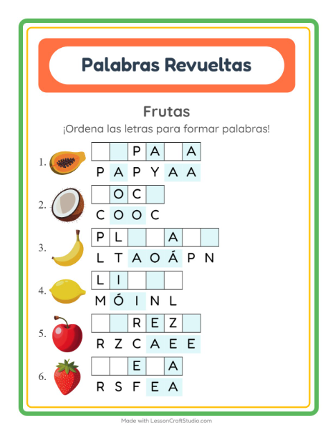 Vista previa de la hoja de Letras Revueltas con Frutas para grado 1
