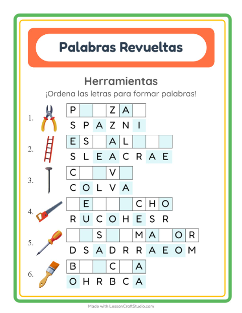 Vista previa de la hoja de Letras Revueltas con Herramientas para grado 1