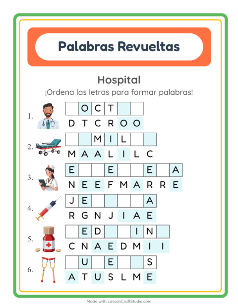 Vista previa de la hoja de Letras Revueltas con Hospital para grado 1