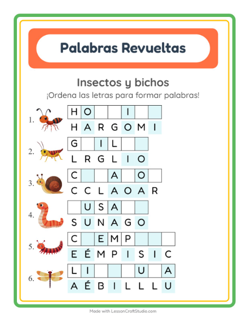 Vista previa de la hoja de Letras Revueltas con Insectos y bichos para grado 1