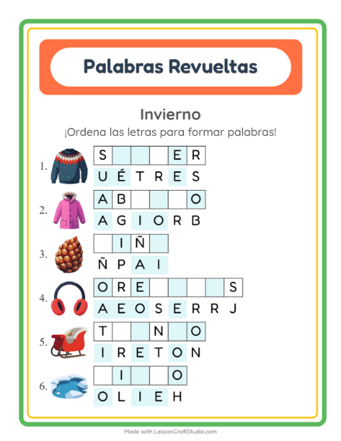 Vista previa de la hoja de Letras Revueltas con Invierno para grado 1