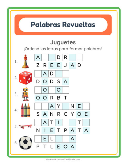 Vista previa de la hoja de Letras Revueltas con Juguetes para grado 1