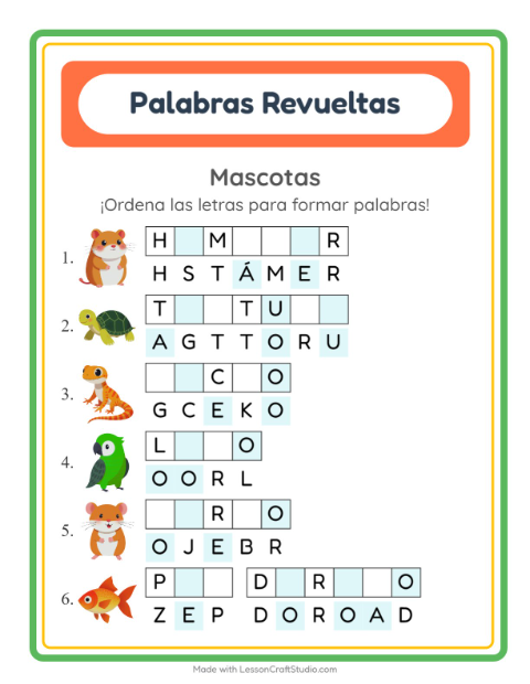 Vista previa de la hoja de Letras Revueltas con Mascotas para grado 1