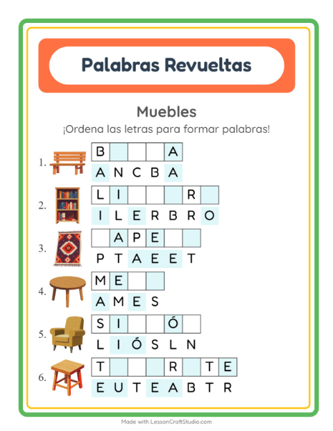 Vista previa de la hoja de Letras Revueltas con Muebles para grado 1
