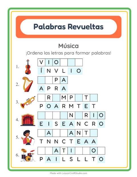 Vista previa de la hoja de Letras Revueltas con Música para grado 1