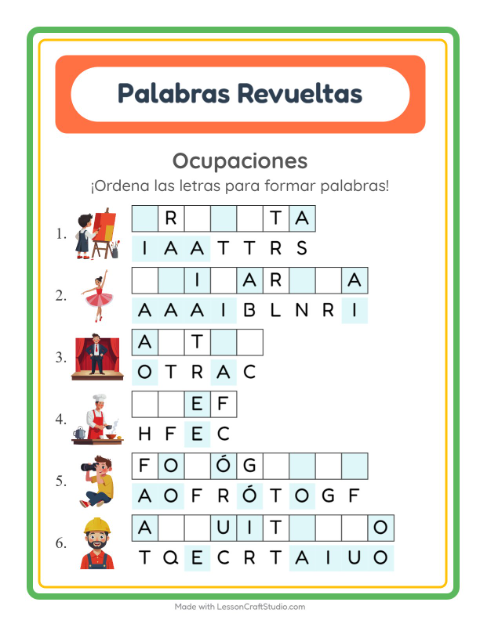 Vista previa de la hoja de Letras Revueltas con Ocupaciones para grado 1